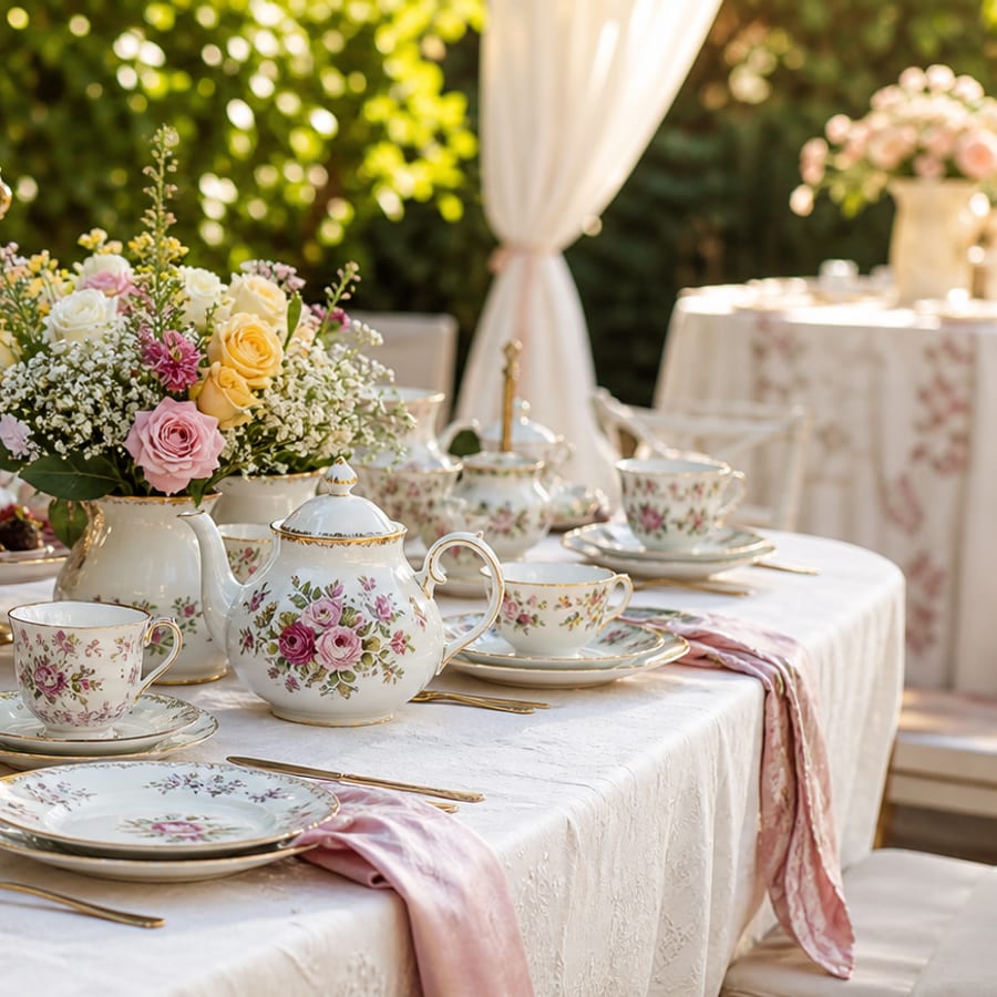 Antique china and tiered dessert stands arranged for a celebration.
