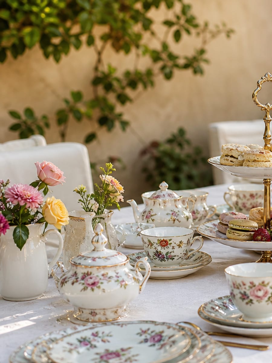 Vintage teacups and dessert stands on a garden tea party table.